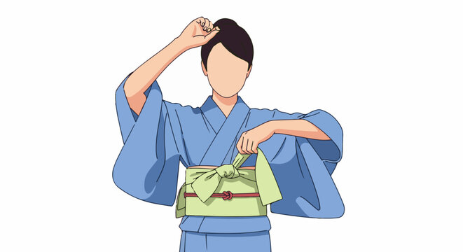 Person adjusts light blue robe and sash, with hair pulled back