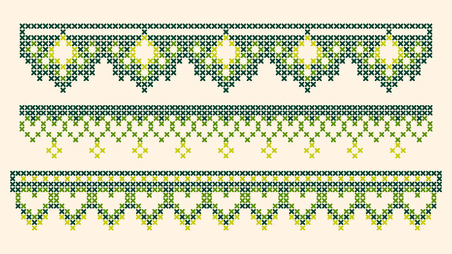Traditional geometric cross stitch floral border set isolated on white canvas background. Vector realistic illustration, green ethnic embroidery motifs with abstract flowers, seamless folk art pattern