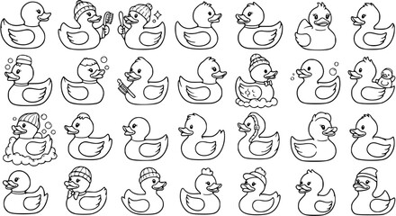 Fototapeta premium Black and White Line Art Rubber Ducks Collection, Cute Bathroom Toys, Vector Icons