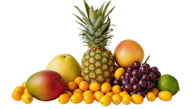 Assortment of fresh tropical and citrus fruits including pineapple mango grapefruit grapes lime pomelo, and kumquats