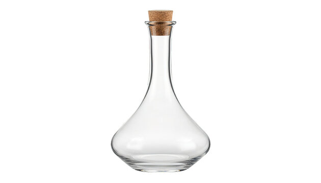Elegant clear glass decanter bottle isolated on transparent background. Suitable for beverage, laboratory, and decorative uses.