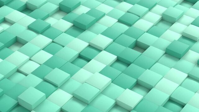 Seamless loop of abstract 3D mint green and turquoise cubes moving up and down with procedural noise wave effect
