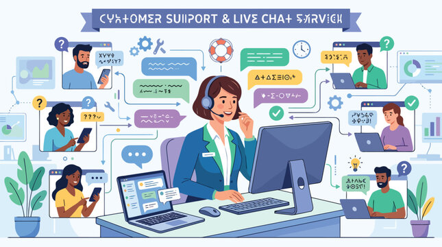 A central female agent providing customer support and live chat services to diverse customers using various digital devices.