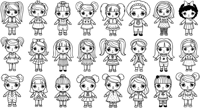 Cute Kawaii Girls Dolls Characters Black  White Line Art Set for Kids' Coloring Books, Children's Education, and Playful Design Elements