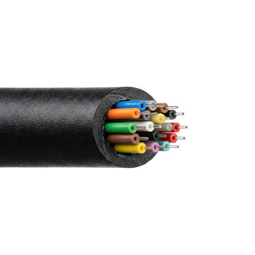 Cross section of a black fiber optic cable revealing colorful inner strands