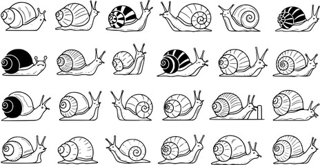Hand-Drawn Black and White Line Art Collection of Snails, Diverse Animal Illustrations in Various Poses and Shell Designs © pixsource