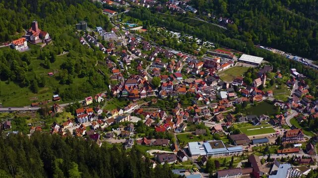 Aerial view beside the old town of the city Bad Liebenzell in south Germany on a sunny spring noon in te black forest