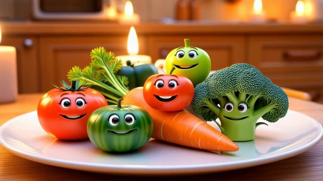 Colorful animated vegetables with smiling faces on a plate. Promoting healthy eating and fun food choices for children