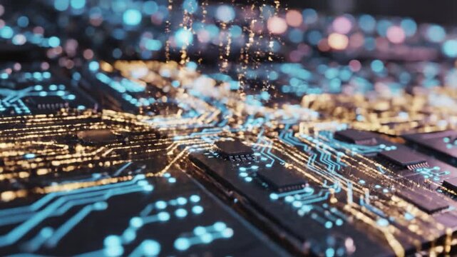 Circuit board microchip technology electronics digital close up blue light gold trace glowing pathways sparks electronic components detailed semiconductor printed circuit motherboard connectors