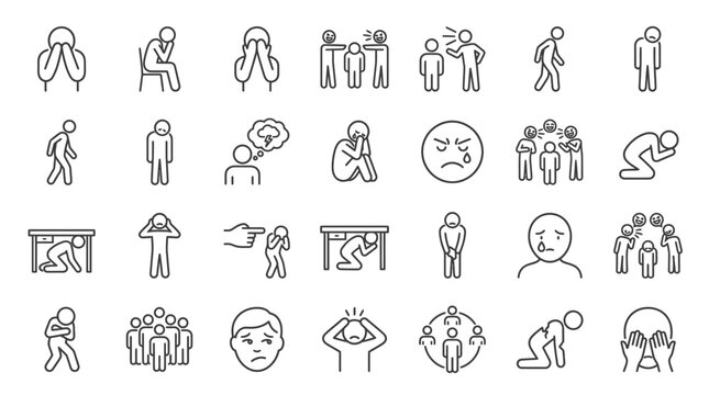 Depression and mental health concept icons linear monochrome isolated set
