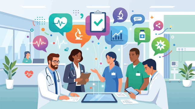 Medical healthcare team collaboration vector, diverse doctors and nurses discussing patient data, hospital staff using digital technology in clinic