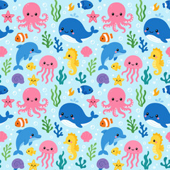 Fototapeta premium Cute cartoon sea creatures and ocean life pattern for kids