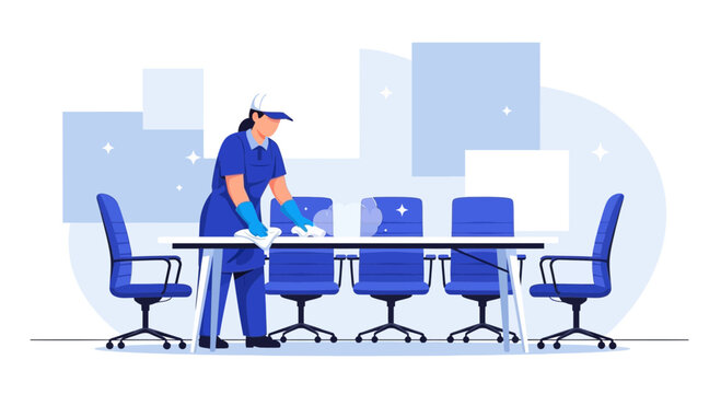 Professional cleaner sanitizing conference room table and chairs, office hygiene concept
