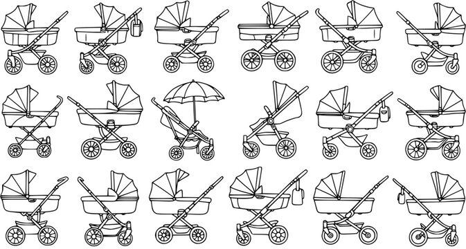 Baby Strollers and Prams Black and White Line Art Set. Hand-Drawn Collection of Various Infant Pushchairs and Buggies for Parenting and Childcare Concepts.