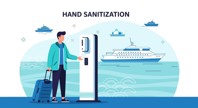Traveler sanitizing hands at ferry terminal with cruise ships in background