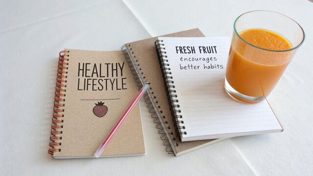 Notebooks with Healthy Lifestyle and Fresh Fruit Messages Beside Juice