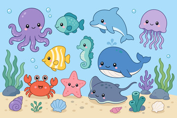 Fototapeta premium Cute cartoon marine life collection with various sea creatures and underwater plants