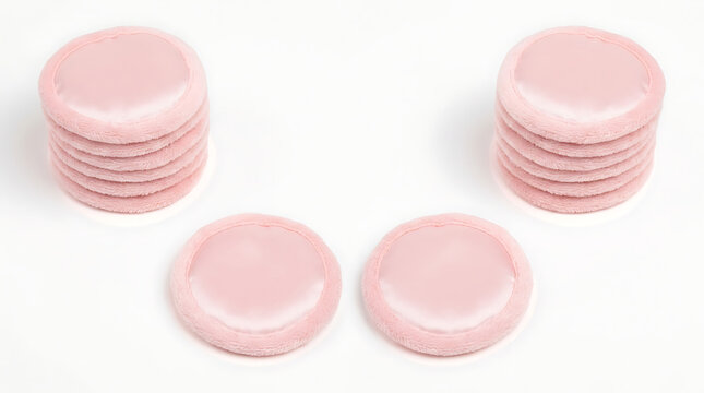 Stacked pale pink circular objects on white background minimalist composition