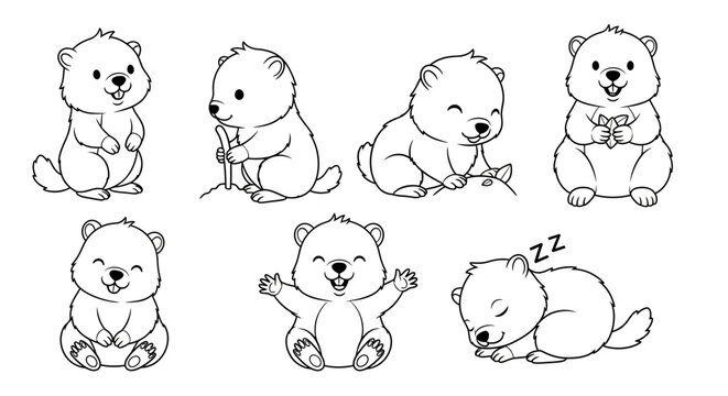 Cute Groundhog Character Set, Funny Cartoon Animal Poses for Coloring