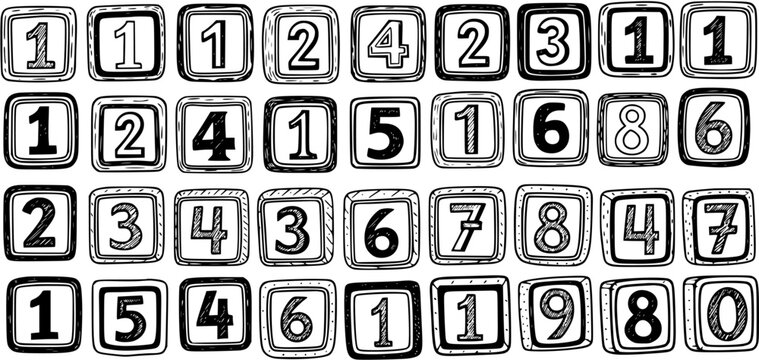 Set of Hand-drawn Black and White Doodle Numbers (0-9) in Square Frames. Educational Math Digits for Learning and Design Projects.