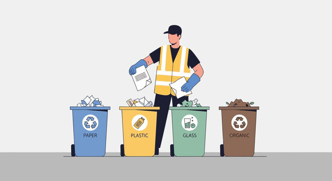Recycling worker sorts waste into color-coded bins, promoting eco-friendly waste management.