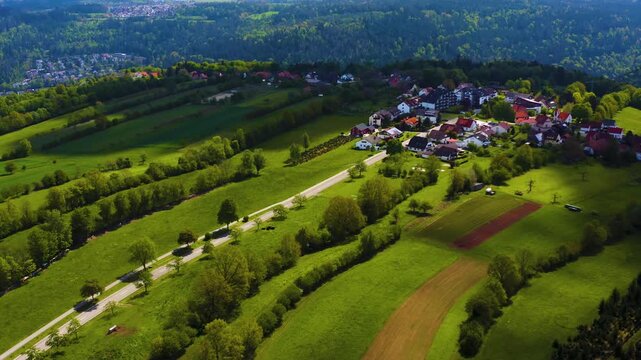 Aerial view beside the old town of the city Bad Liebenzell in south Germany on a sunny spring noon in te black forest