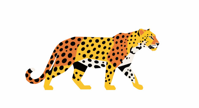 Stylized leopard with geometric patterns in yellow, orange, black, and white