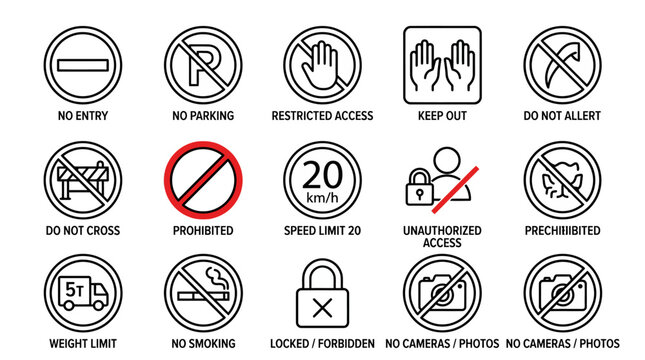 Set of prohibition signs no entry parking speed limit camera forbidden icons