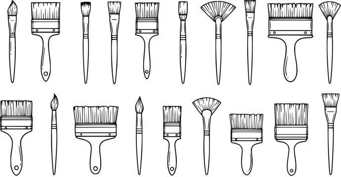 Art and Painting Tools Black and White Line Art Hand-Drawn Set of Various Paint Brushes for Creative Hobbies and Professional Artists