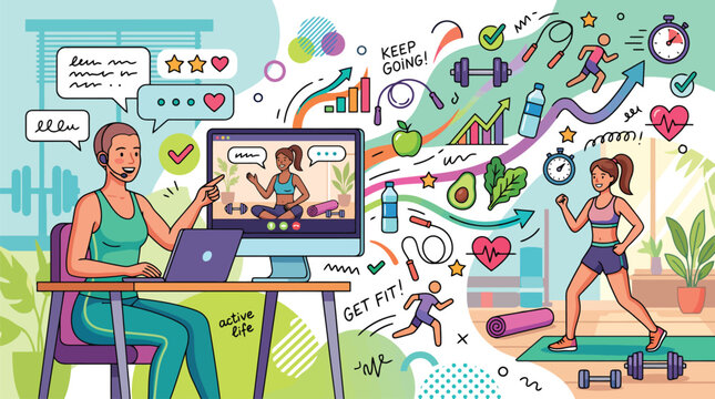 Online fitness coaching vector illustration, virtual personal trainer on computer screen, home workout and healthy lifestyle concept with exercise icons