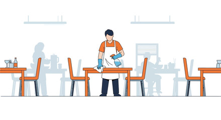 Fototapeta premium Restaurant worker cleaning table, ensuring hygiene and safety for customers
