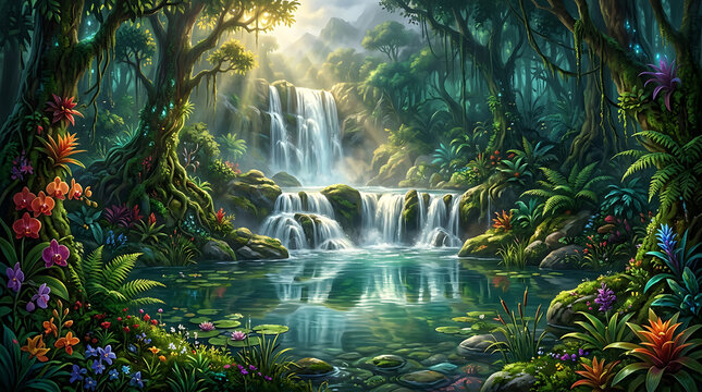 A scenic waterfall flows into a clear, rocky pond inside a lush tropical jungle with vibrant flowers, ferns, and sunbeams filtering through trees