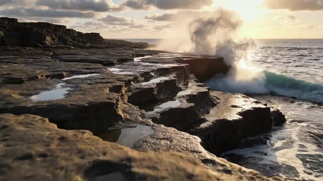 Golden hour coastal waves crashing against rocky shore, dramatic ocean surf, sunset seascape