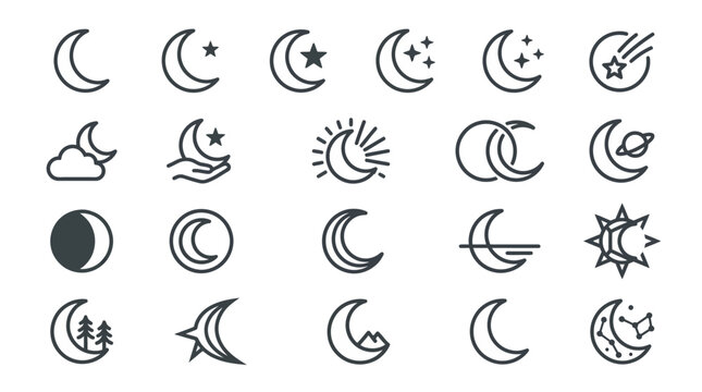 Set of lunar phase icons crescent moons stars and celestial elements