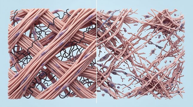 Comparison of healthy and damaged extracellular matrix showing organized and fragmented connective tissue fibers 3D render