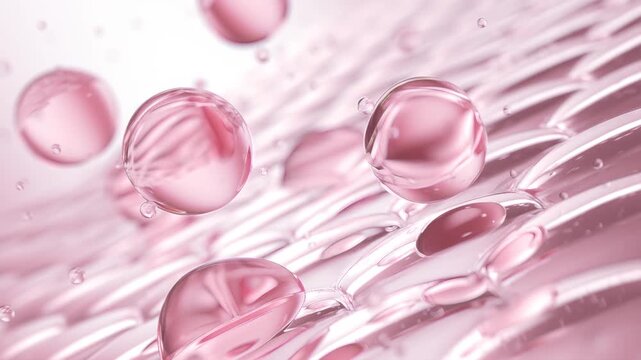Pink collagen skincare, Cosmetic essence bubbles infusing into skin cell structure.