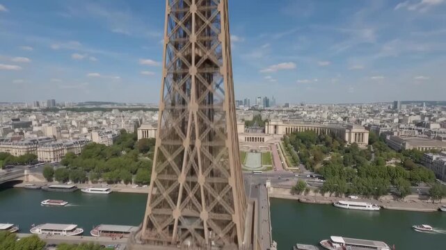 FPV drone cinematic flythrough of Eiffel Tower and Seine River on a bright sunny day in Paris, France &mdash; aerial panoramic view of Trocad&eacute;ro gardens and city skyline