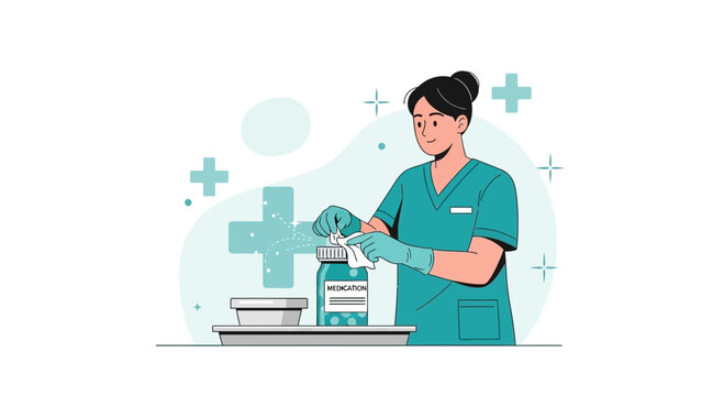 Nurse preparing medication and sanitizing hands, medical cross background
