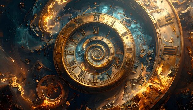 A surreal clock face with swirling golden and blue smoke