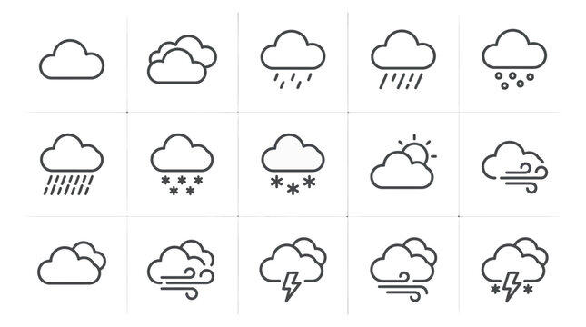 Weather icons set illustrating different cloud conditions and precipitation