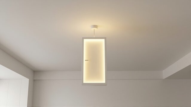 Modern rectangular pendant light glowing softly