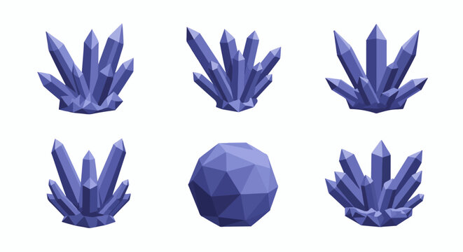 Three clusters of purple crystals and one oval-shaped crystal