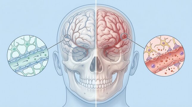 Medical illustration comparing a healthy and inflamed blood-brain barrier in the human head with cellular details