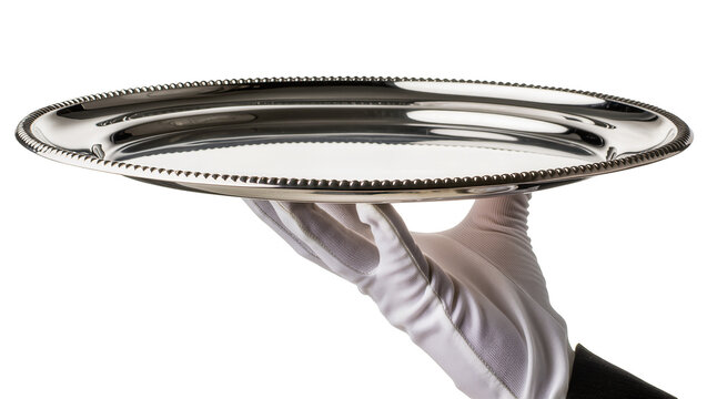 Silver oval serving tray with beaded rim held by white gloved hand