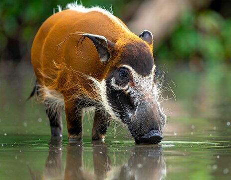 A warthog with distinctive facial markings and a reddish-brown coat bends to drink from a serene body of water