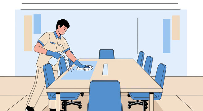 Office cleaning: A man sanitizes a conference room table, ensuring hygiene and safety.