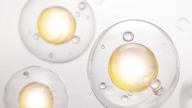 3D animation of collagen and vitamin serum bubbles swirling in a clear liquid for skincare background.