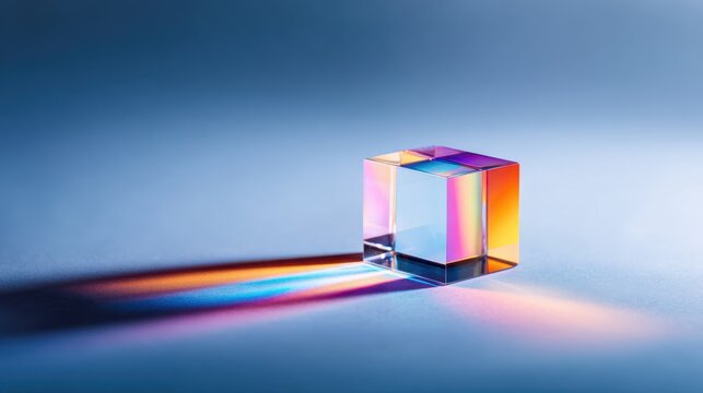 Mesmerizing light spectrum and vibrant rainbow colors created by a geometric glass cube