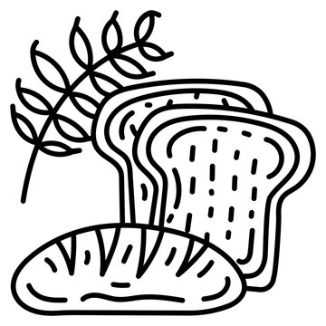 Outline bread icon with wheat, toast slices, and fresh bakery loaf.