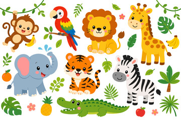 Fototapeta premium Cute cartoon jungle animals collection with monkey, elephant, lion, and giraffe
